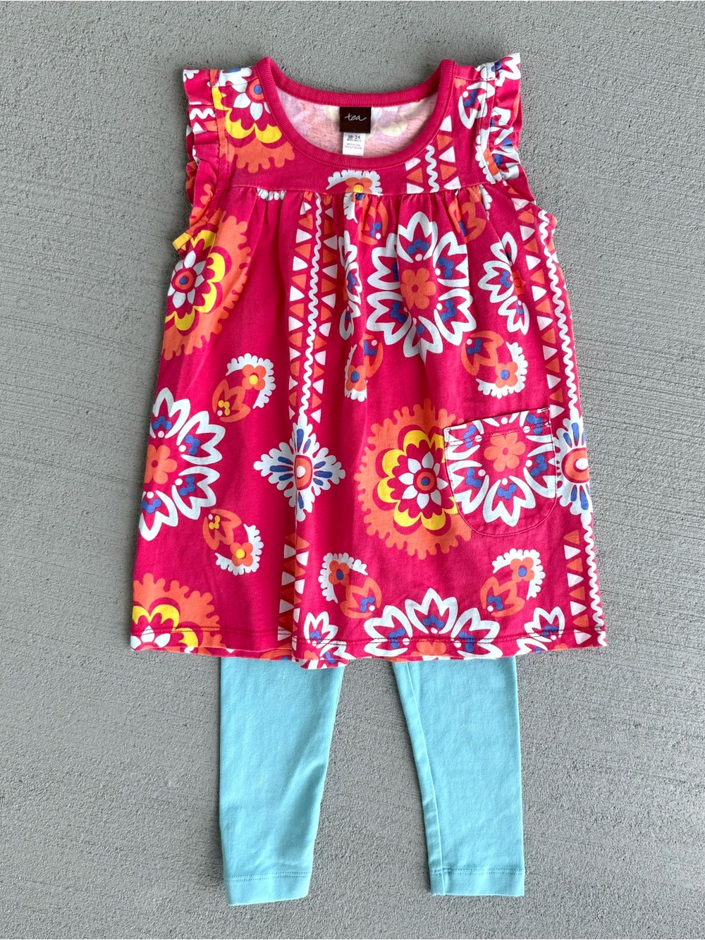 Tea Collection Outfit Girls 18-24 Months Floral Pocket Dress And Teal Leggings